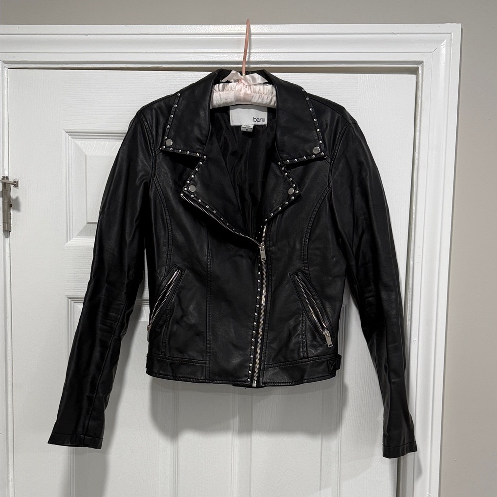 Bar III Black Leather Jacket with Stud Accents
